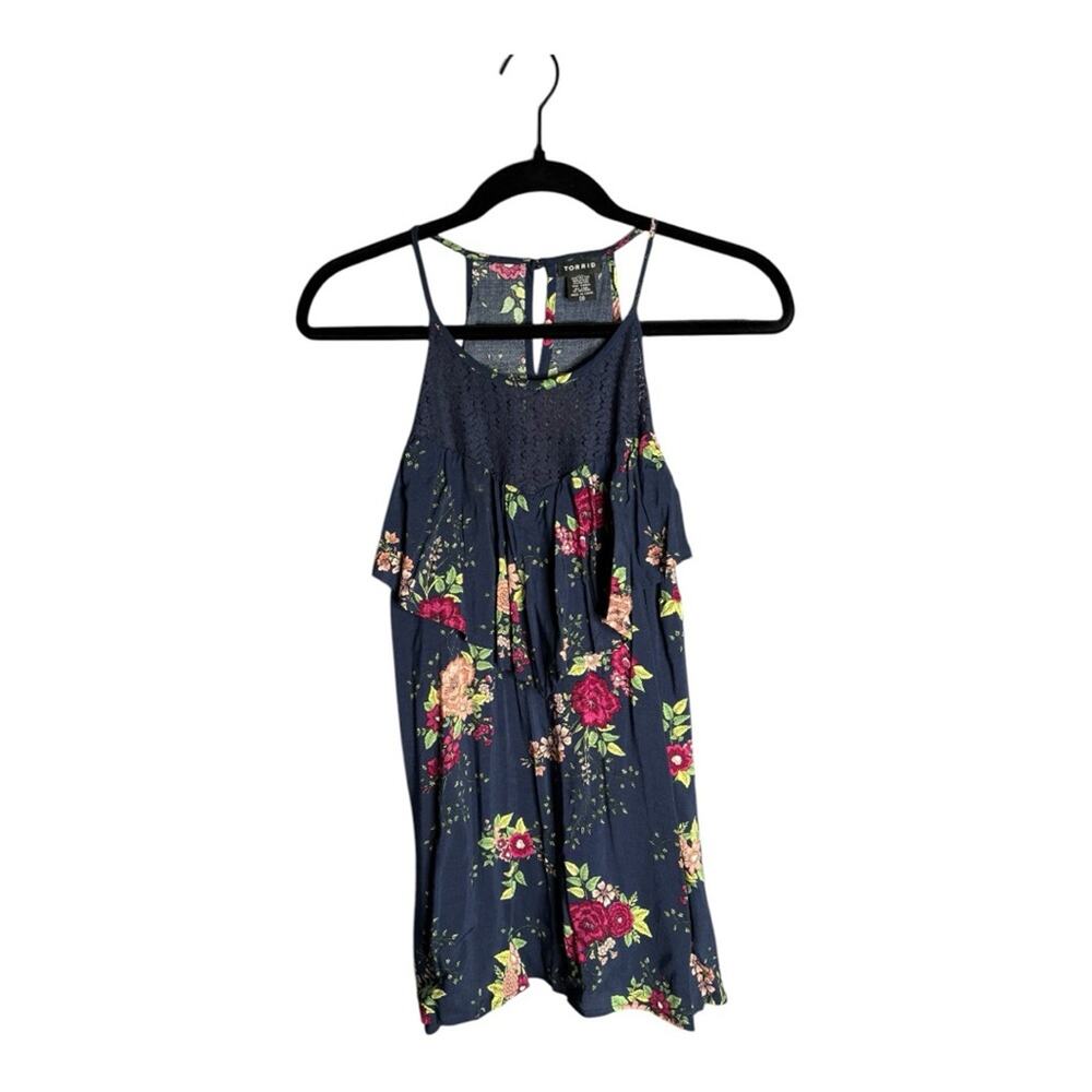 Torrid Navy Blue Dark Pink Floral Sleeveless Halter Top Ruffle Detail L